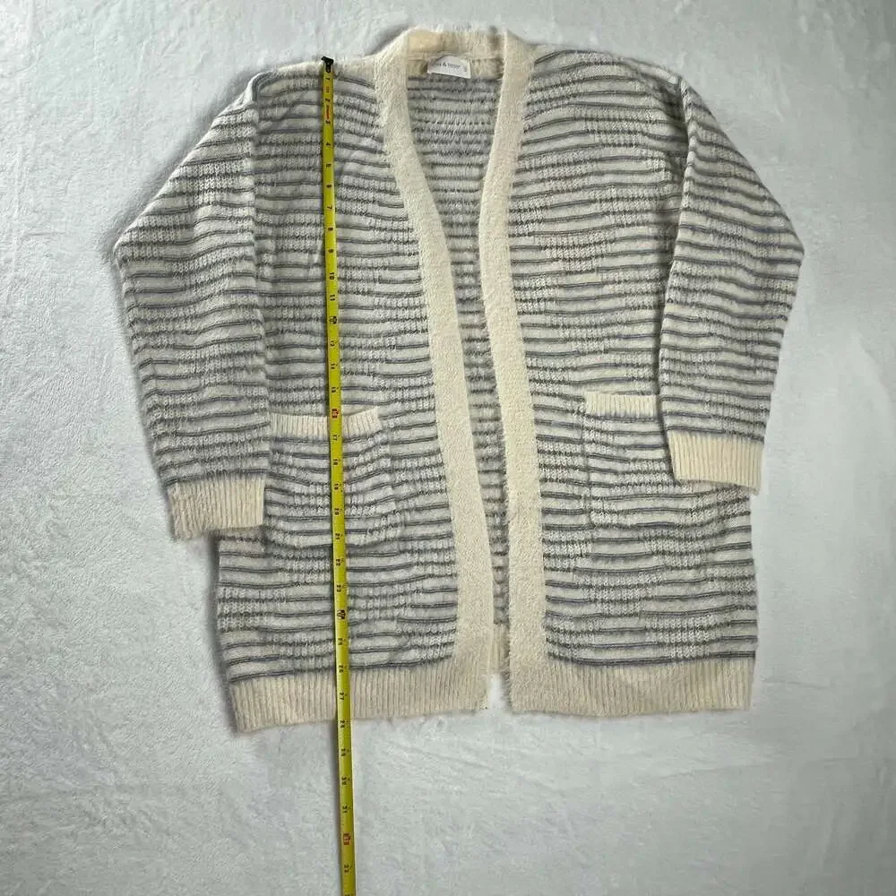 Mia & Tess Cream Blue Striped Fuzzy Open Front‎ Long Cardigan Sweater M/L